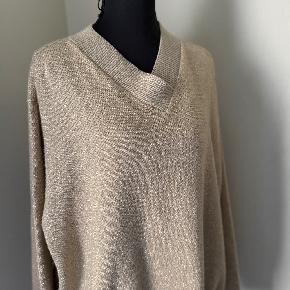 Bedford Fair Lifestyles Womens Gold Metallic Lurex V Neck Sweater 2X